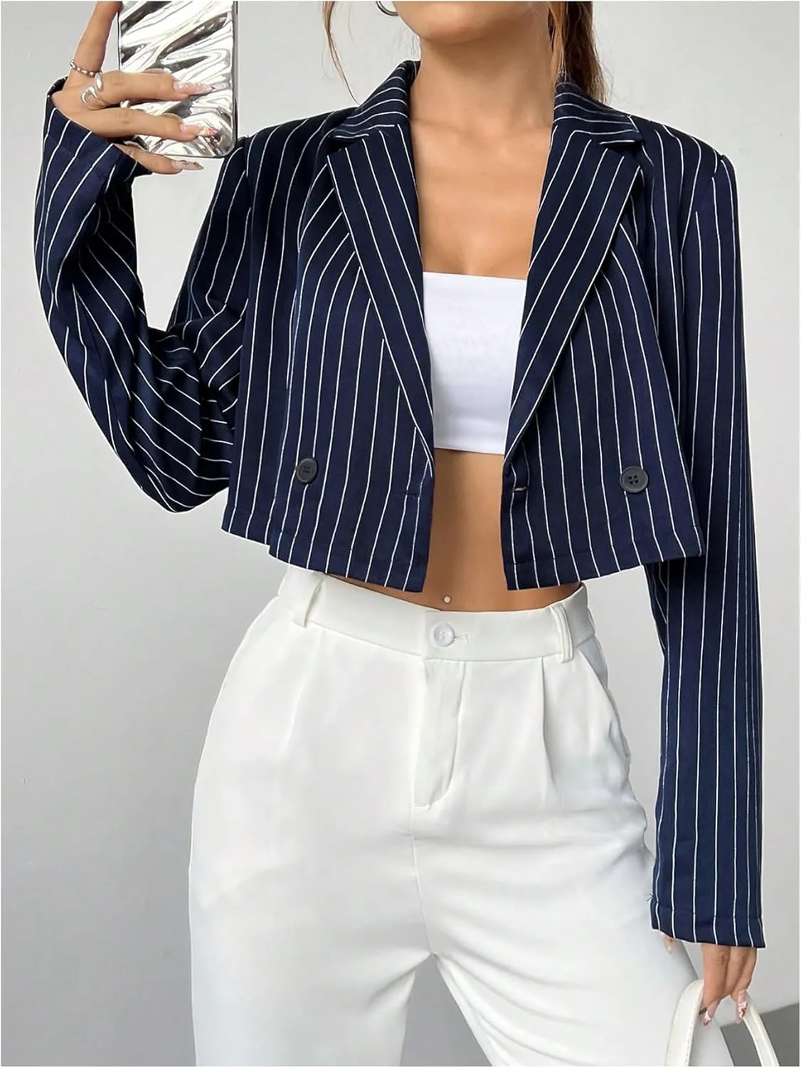 MakeMeChic Women's Striped Long Sleeve Lapel Neck Open Front Blazer Coat Outerwear