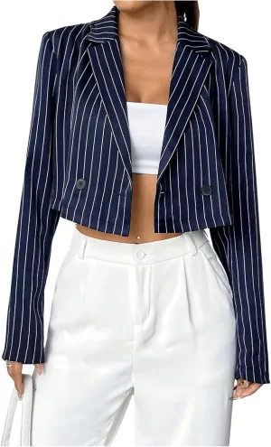 MakeMeChic Women's Striped Long Sleeve Lapel Neck Open Front Blazer Coat Outerwear