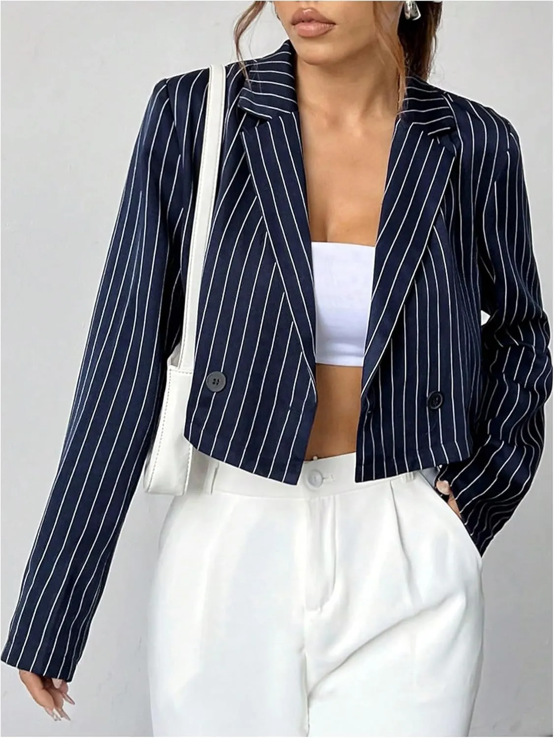 MakeMeChic Women's Striped Long Sleeve Lapel Neck Open Front Blazer Coat Outerwear