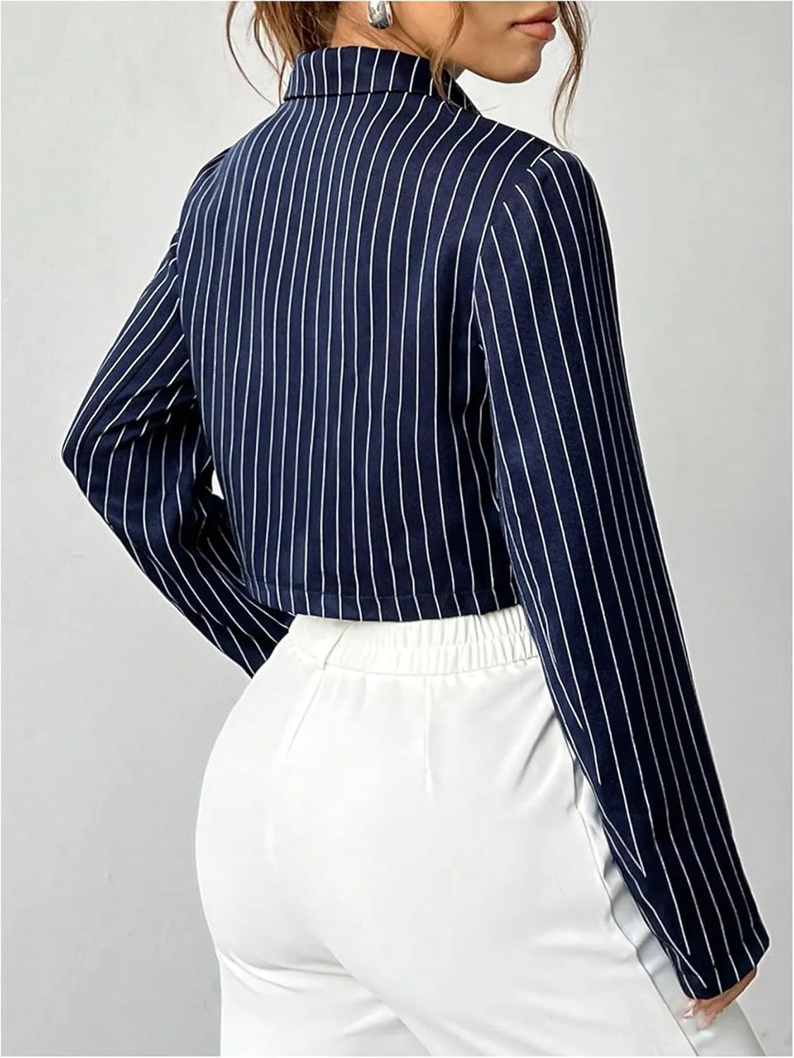 MakeMeChic Women's Striped Long Sleeve Lapel Neck Open Front Blazer Coat Outerwear