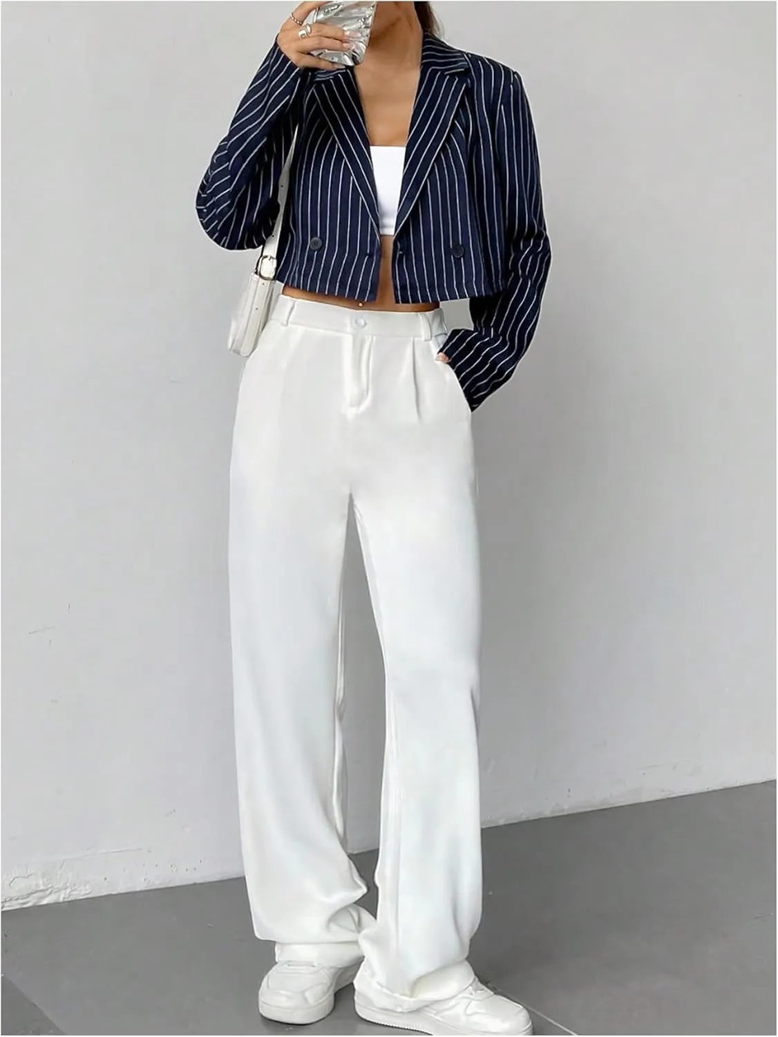 MakeMeChic Women's Striped Long Sleeve Lapel Neck Open Front Blazer Coat Outerwear