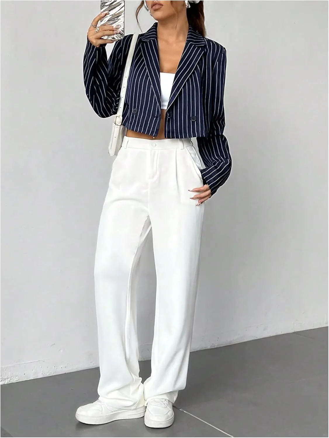 MakeMeChic Women's Striped Long Sleeve Lapel Neck Open Front Blazer Coat Outerwear