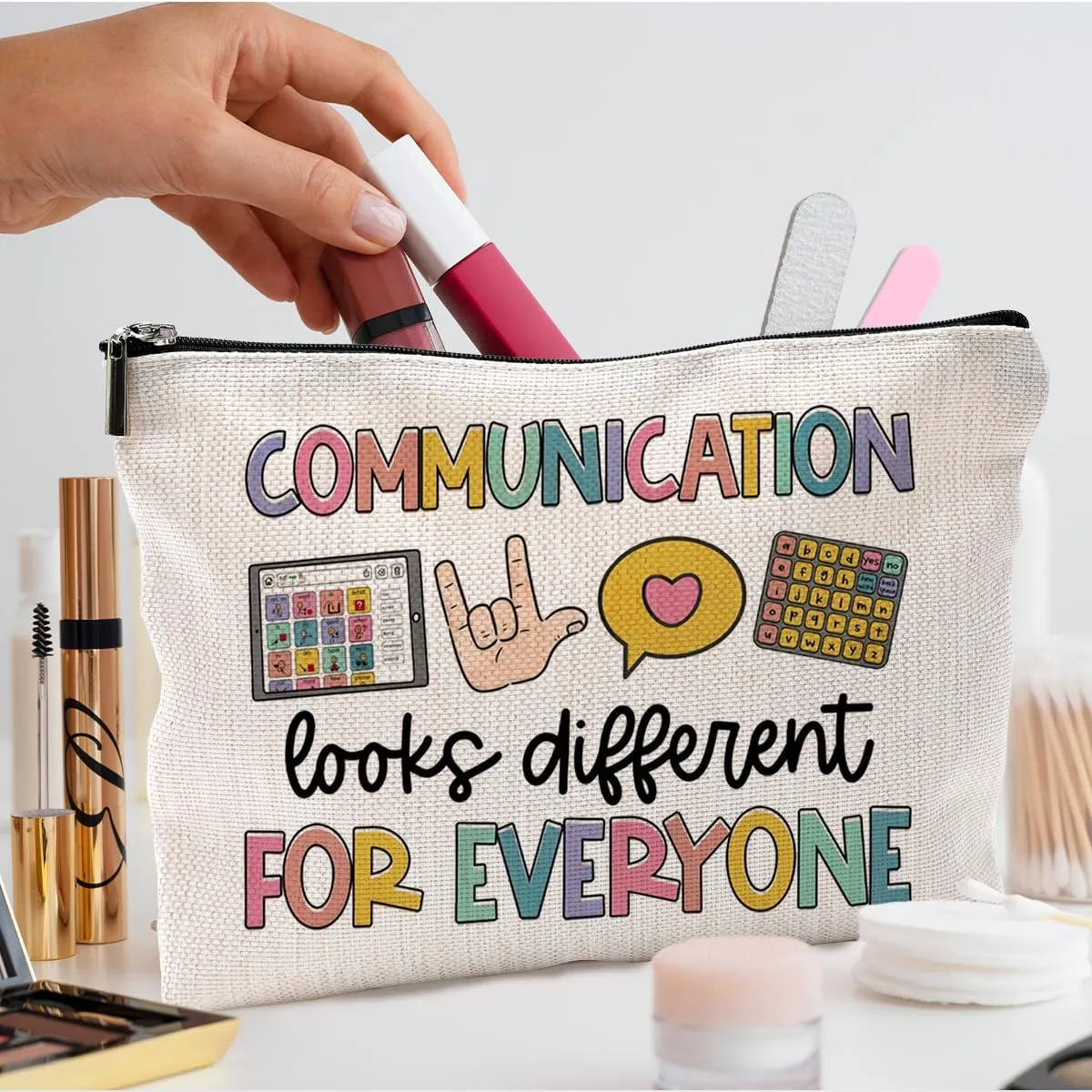 Makeup Bag for Women - Speech Therapist & SLP Gifts, Communication Looks Different for Everyone Cosmetic Bag for Purse