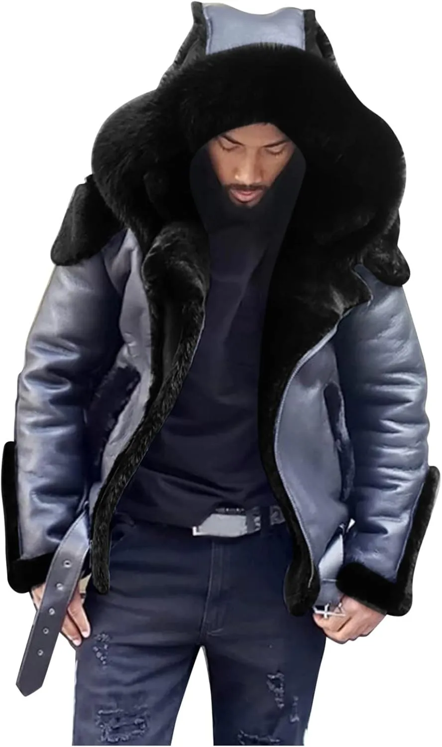 Mens Faux Fur Coat, Gutori Men's Faux Leather Thicken Winter Warm Long Jacket Lightweight Parka Hooded Pea Coat Outwear