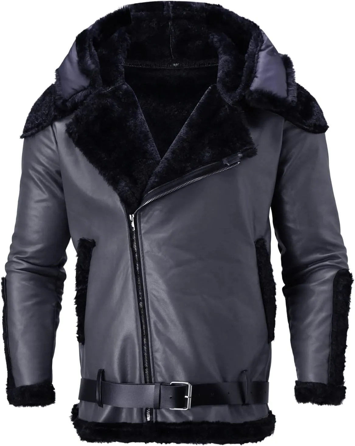 Mens Faux Fur Coat, Gutori Men's Faux Leather Thicken Winter Warm Long Jacket Lightweight Parka Hooded Pea Coat Outwear