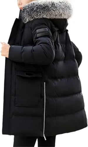 Men's Winter Jacket Slim Thick Fur Hooded Coat Warm Medium Long Cotton Padded Parkas