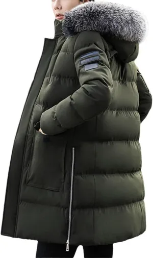 Men's Winter Jacket Slim Thick Fur Hooded Coat Warm Medium Long Cotton Padded Parkas