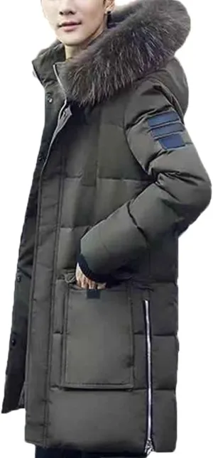 Men's Winter Jacket Slim Thick Fur Hooded Coat Warm Medium Long Cotton Padded Parkas