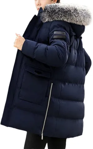 Men's Winter Jacket Slim Thick Fur Hooded Coat Warm Medium Long Cotton Padded Parkas