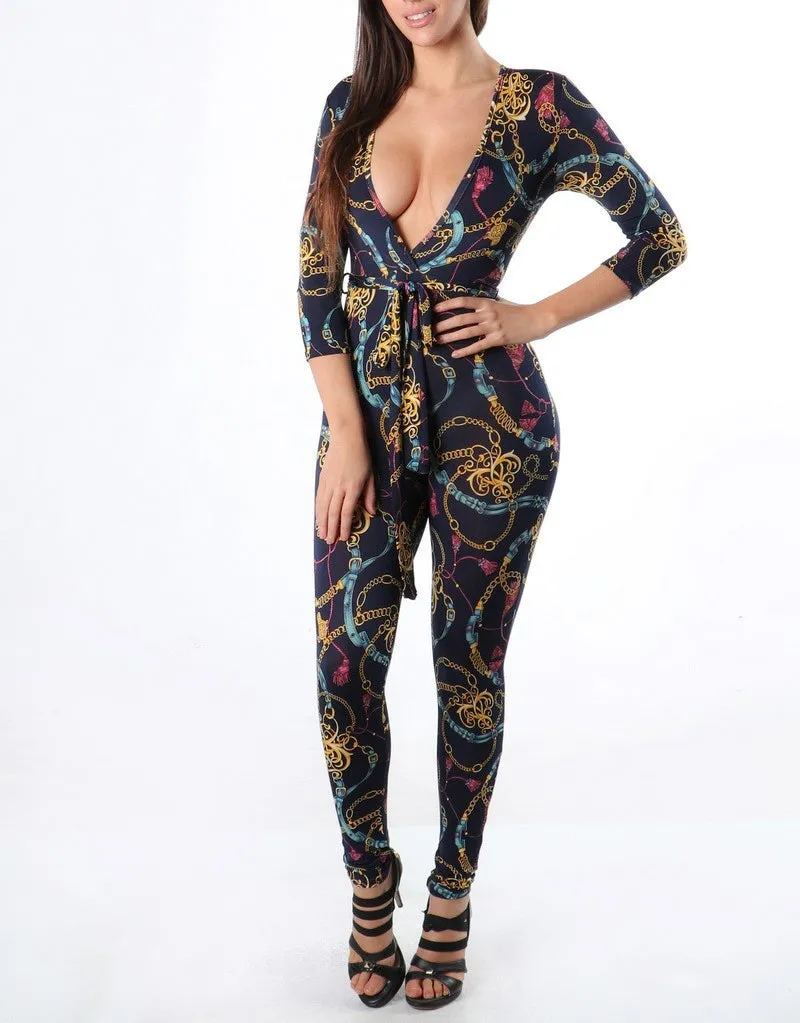 Navy Blue Chain Print Jumpsuit