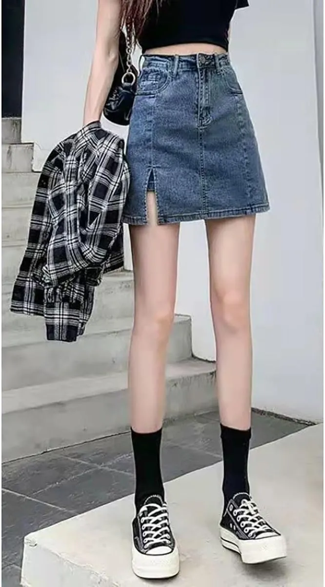 NCDUANSAN Gothic Women's Denim Skirt, high Waisted Slit Wrapped Hip Skirt, Sexy Short Skirt, Spicy Girl Skirt Looks Slim