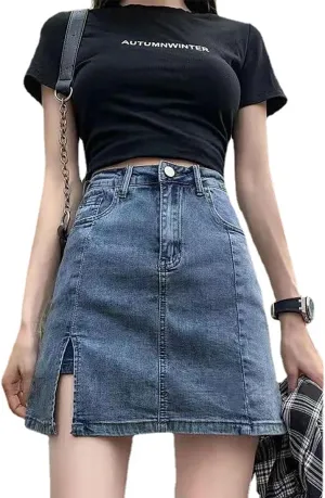NCDUANSAN Gothic Women's Denim Skirt, high Waisted Slit Wrapped Hip Skirt, Sexy Short Skirt, Spicy Girl Skirt Looks Slim