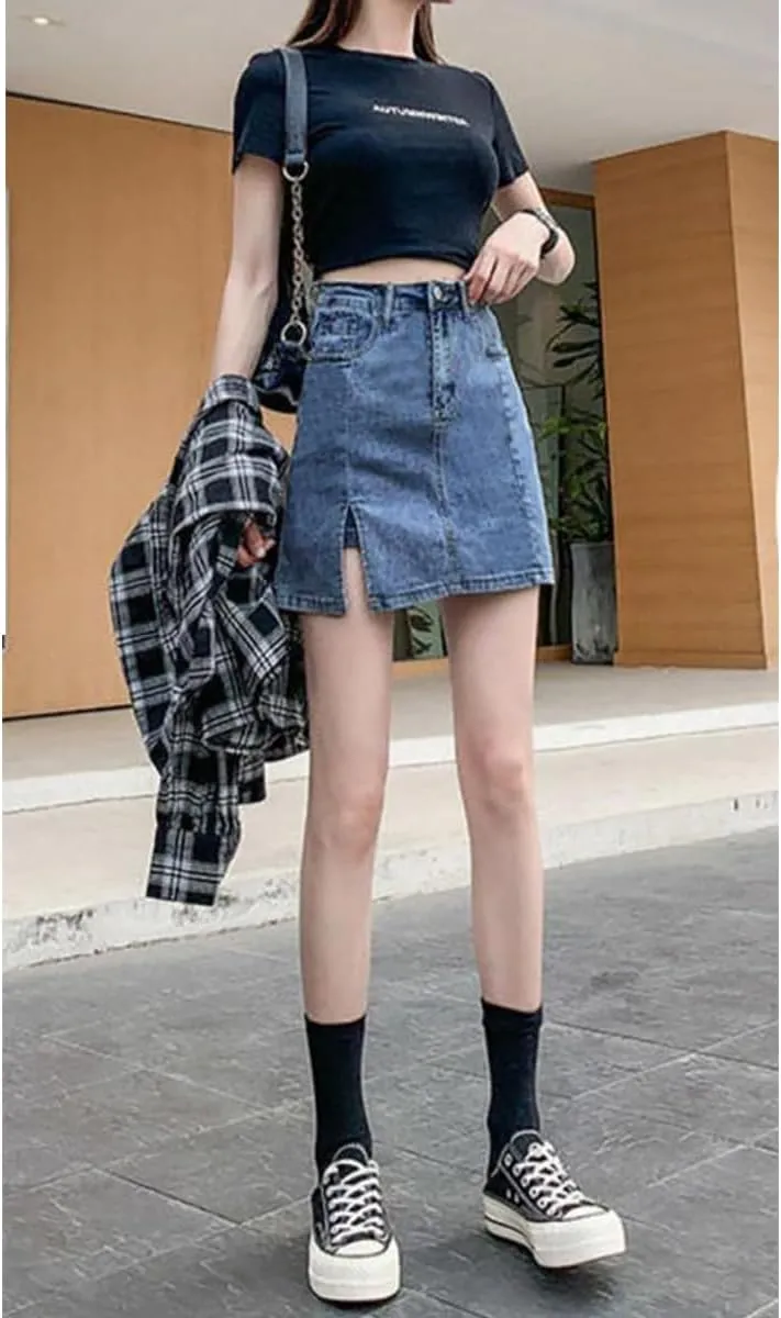 NCDUANSAN Gothic Women's Denim Skirt, high Waisted Slit Wrapped Hip Skirt, Sexy Short Skirt, Spicy Girl Skirt Looks Slim