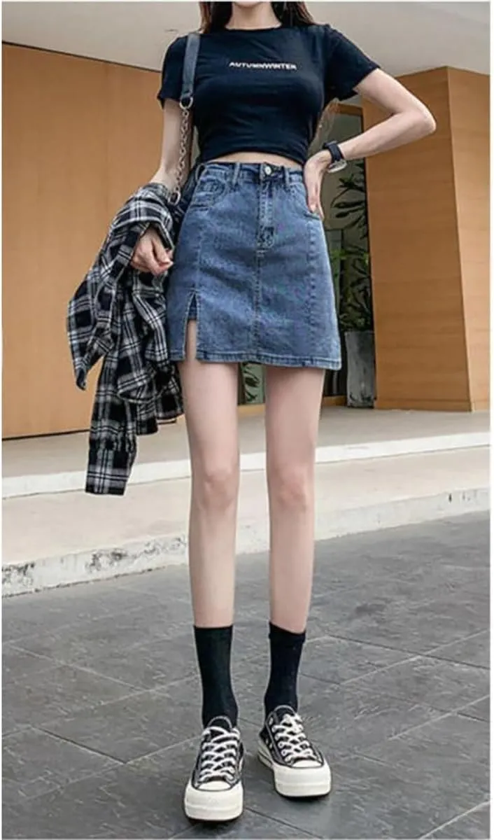 NCDUANSAN Gothic Women's Denim Skirt, high Waisted Slit Wrapped Hip Skirt, Sexy Short Skirt, Spicy Girl Skirt Looks Slim