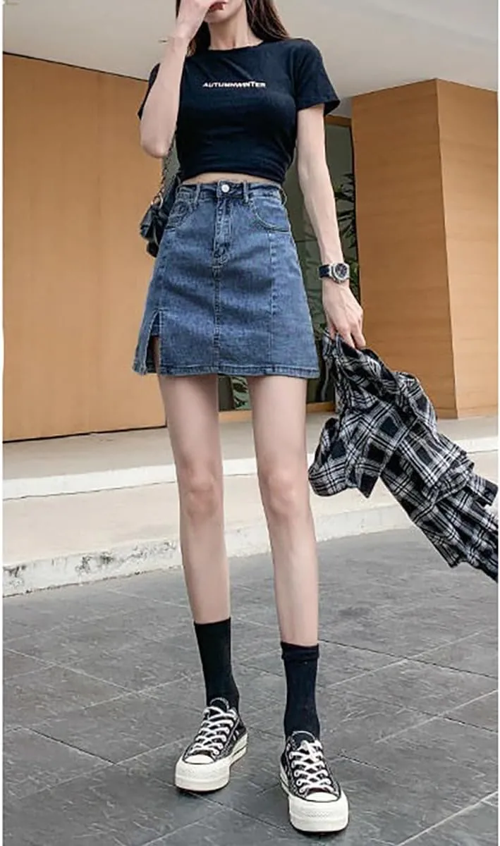 NCDUANSAN Gothic Women's Denim Skirt, high Waisted Slit Wrapped Hip Skirt, Sexy Short Skirt, Spicy Girl Skirt Looks Slim