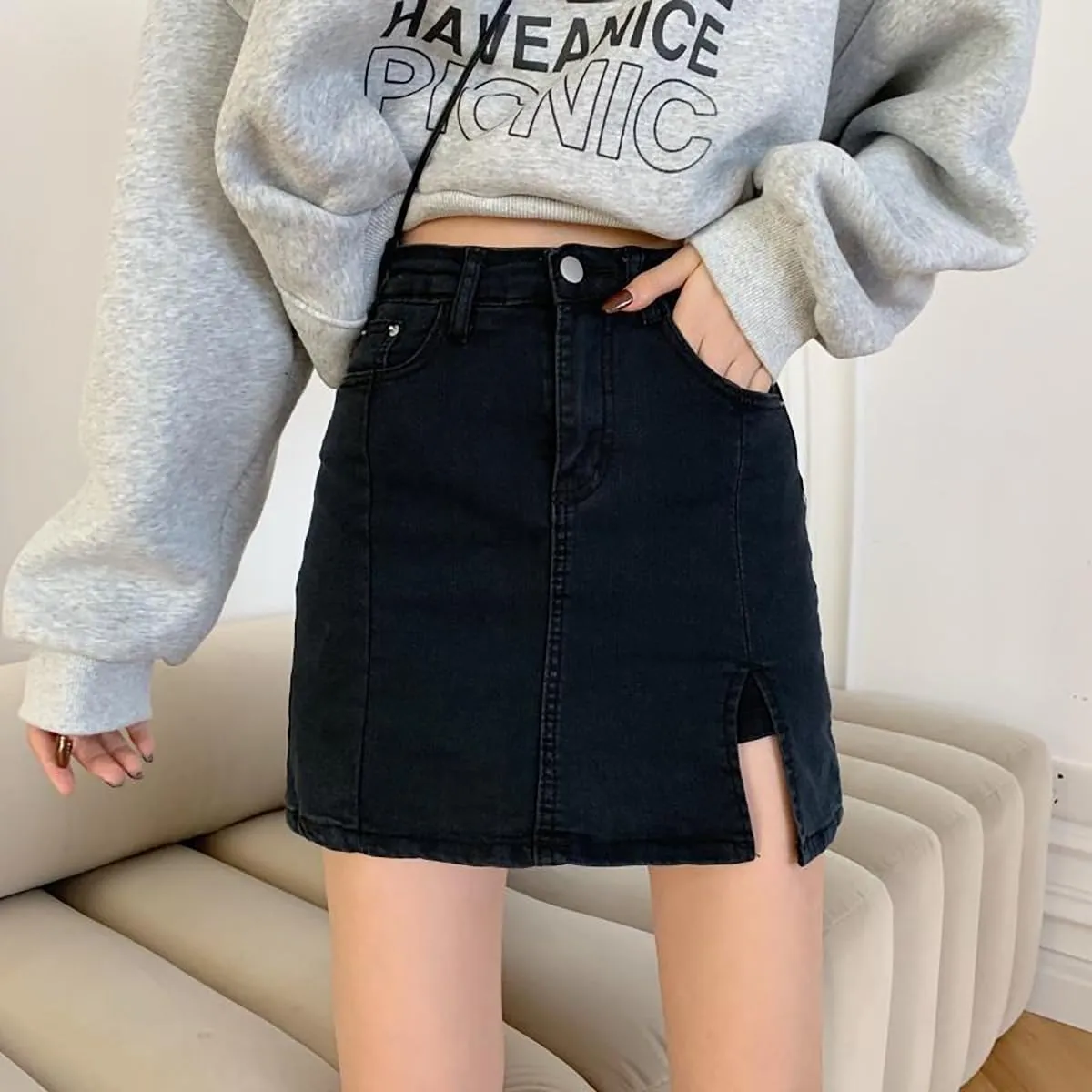 NCDUANSAN Gothic Women's Denim Skirt, high Waisted Slit Wrapped Hip Skirt, Sexy Short Skirt, Spicy Girl Skirt Looks Slim