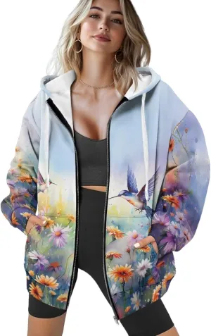 Oversized Hoodies for Women Zip-Up Front Hooded Sweatshirt Comfy Sweater Fall Clothes Activewear Jacket, XS-XL