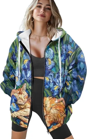 Oversized Hoodies for Women Zip-Up Front Hooded Sweatshirt Comfy Sweater Fall Clothes Activewear Jacket, XS-XL