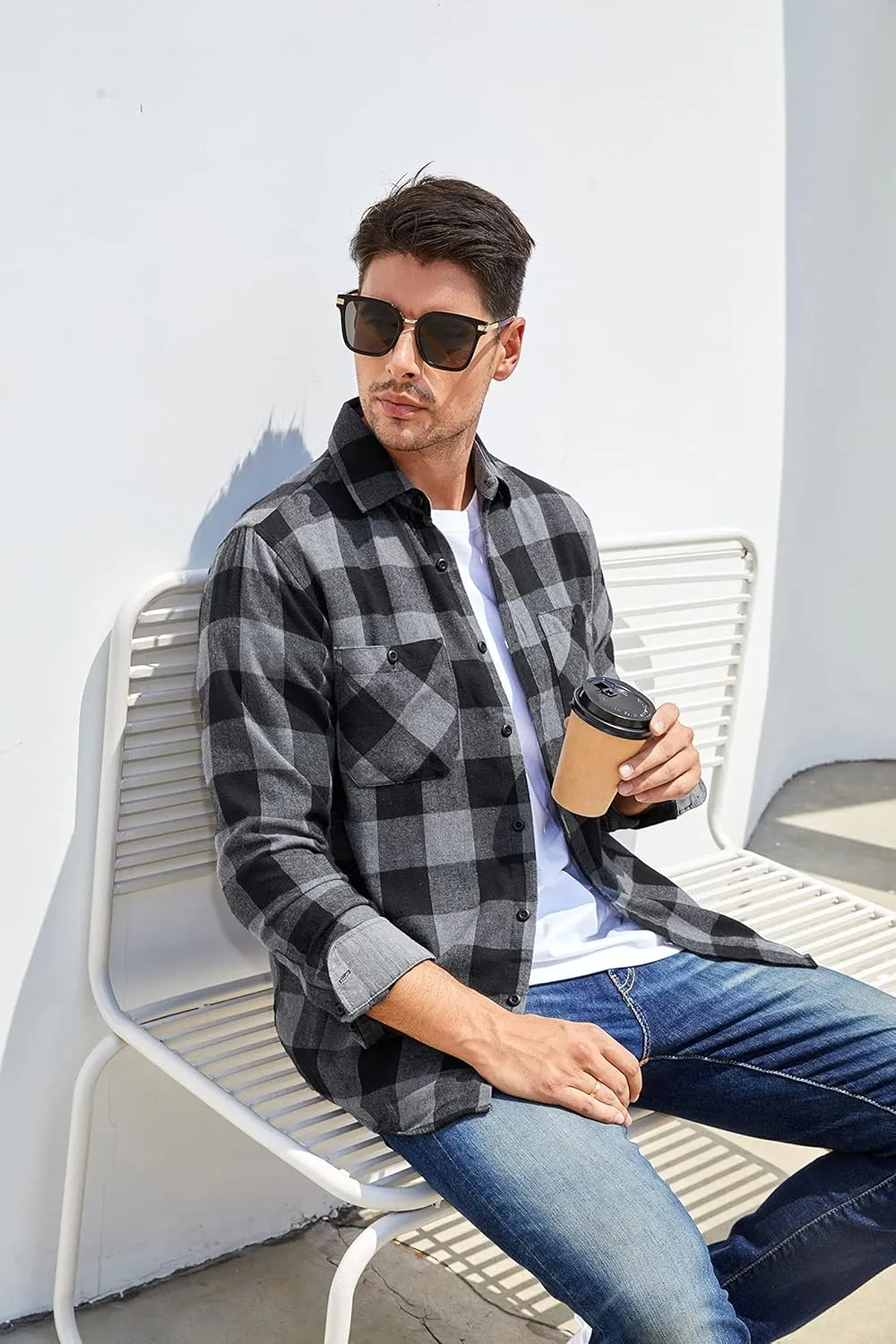 SAMERM Mens Button Down Shirts 4-Way Stretch Wrinkle Free Long Sleeve Print Plaid Business Dress Shirt
