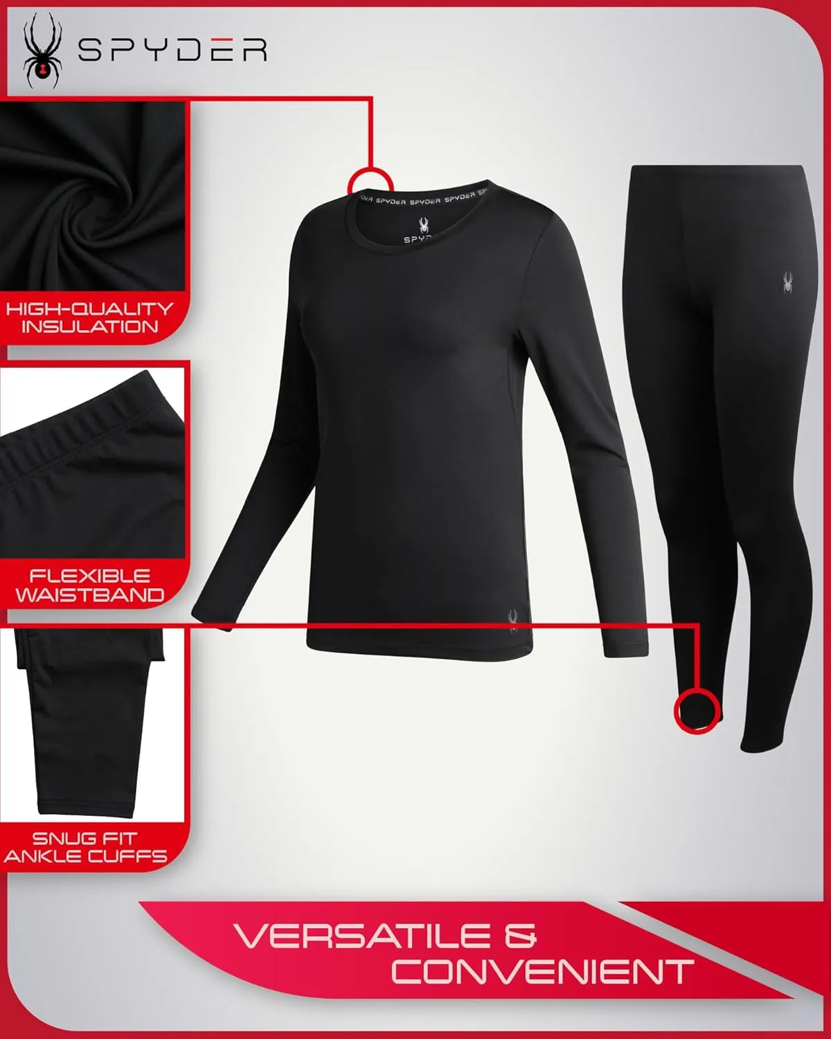 Spyder Women's Thermal Underwear Set - 2 Piece Brushed Back Fleece Lined Long Johns Base Layer Set for Women (Sizes: S-XL)
