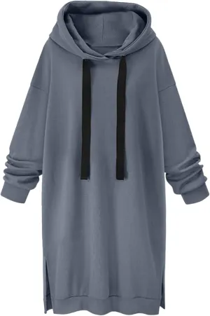 Stessotudo Oversized Long Hoodies for Women Solid Fleece Loose Fit Lounge Sweatshirts Drawstring Casual Comfy Hoodie Dress