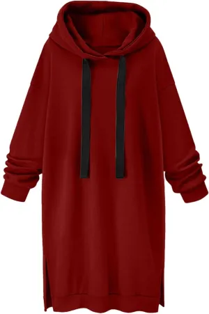 Stessotudo Oversized Long Hoodies for Women Solid Fleece Loose Fit Lounge Sweatshirts Drawstring Casual Comfy Hoodie Dress