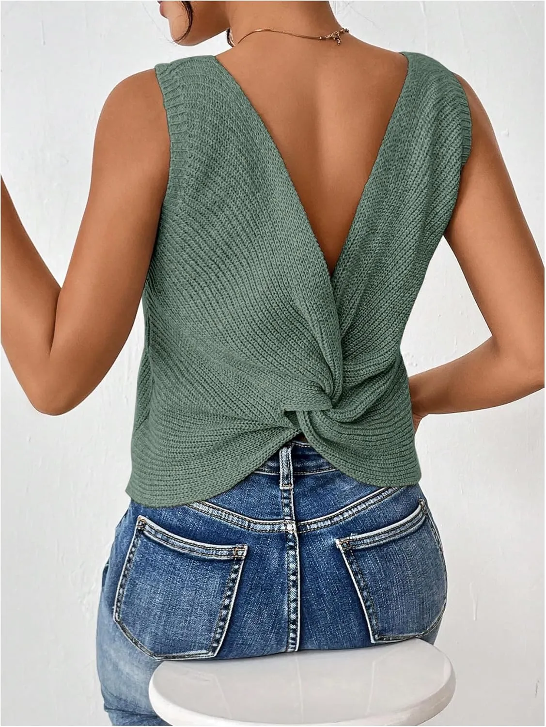 SweatyRocks Women's Twist Backless Tank Tops Round Neck Sleeveless Sweater Vests