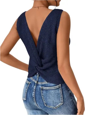 SweatyRocks Women's Twist Backless Tank Tops Round Neck Sleeveless Sweater Vests