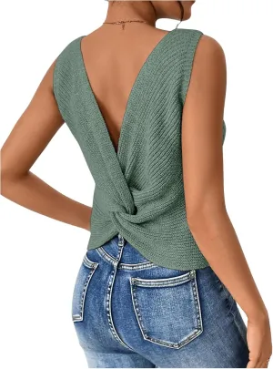 SweatyRocks Women's Twist Backless Tank Tops Round Neck Sleeveless Sweater Vests