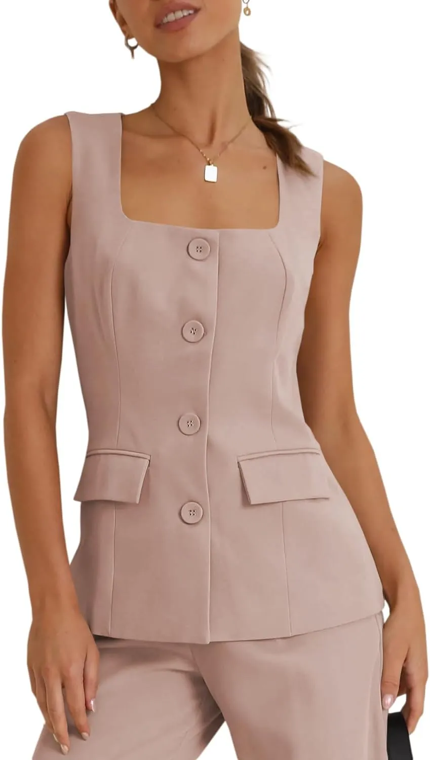 Tankaneo Women's Single Breasted Vests Square Neck Sleeveless Slim Fitted Work Office Waistcoats