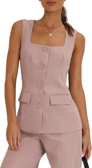 Tankaneo Women's Single Breasted Vests Square Neck Sleeveless Slim Fitted Work Office Waistcoats
