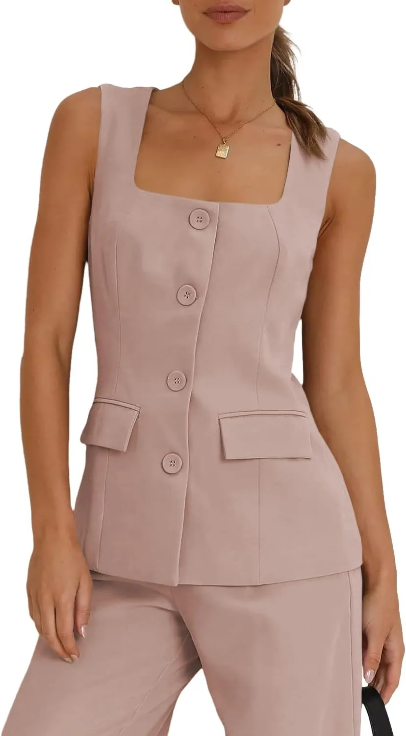 Tankaneo Women's Single Breasted Vests Square Neck Sleeveless Slim Fitted Work Office Waistcoats