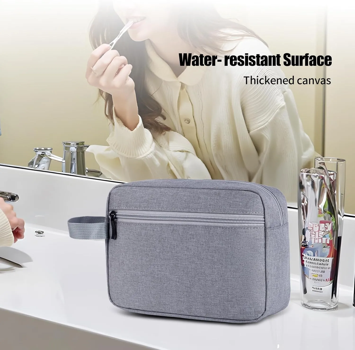 Toiletry bag, makeup bag, cosmetic bags, small makeup bag, travel toiletry bag for man and woman, large capacity, waterproof oxford cloth, side zipper pocket, easy-carry handle (grey)