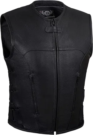 True Element Mens SWAT Team Style Leather Motorcycle Vest with Gun Pockets & Side Size Adjust. (Black,Sizes S-5XL,Tall)