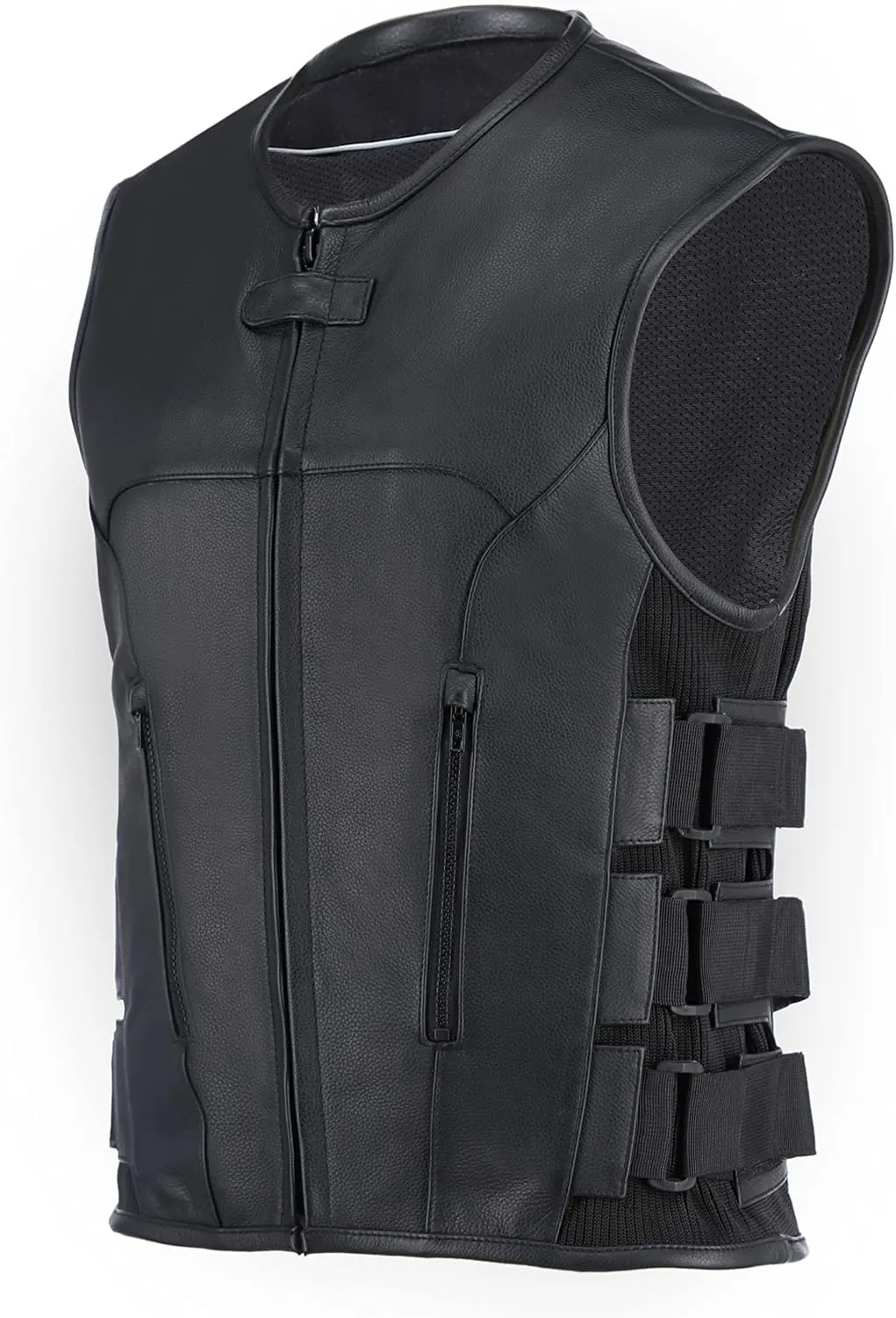 True Element Mens SWAT Team Style Leather Motorcycle Vest with Gun Pockets & Side Size Adjust. (Black,Sizes S-5XL,Tall)