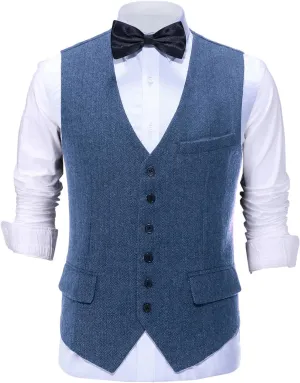 Tuikayoo Mens Herringbone Suits Vests Wool Business Tweed Retro Waistcoats Groomsman Slim Fit