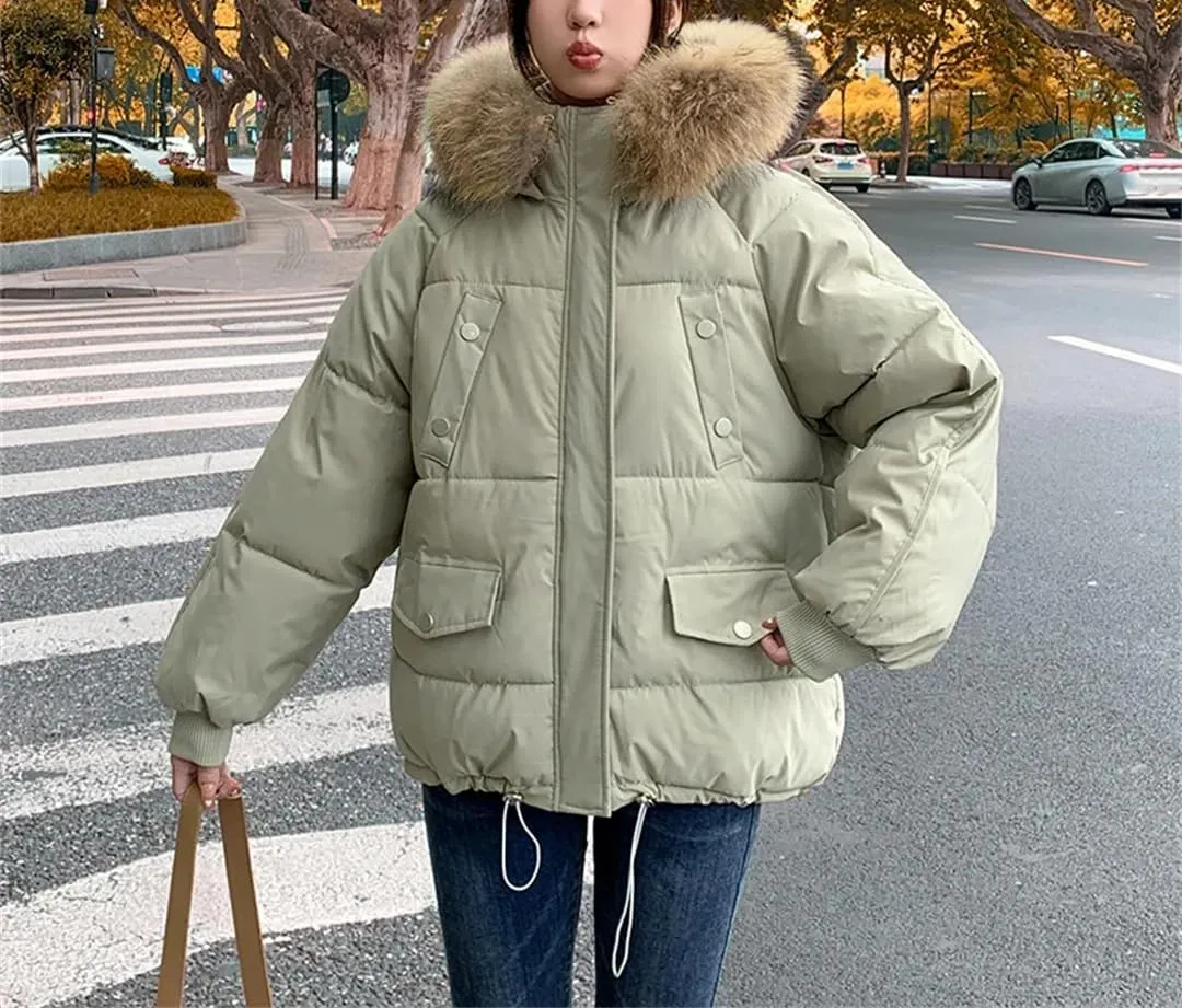 Winter Big Fur Collar Hooded Down Thick Warm Parkas Female Loose Outerwear Winter Women Cotton Padded Parka Coat