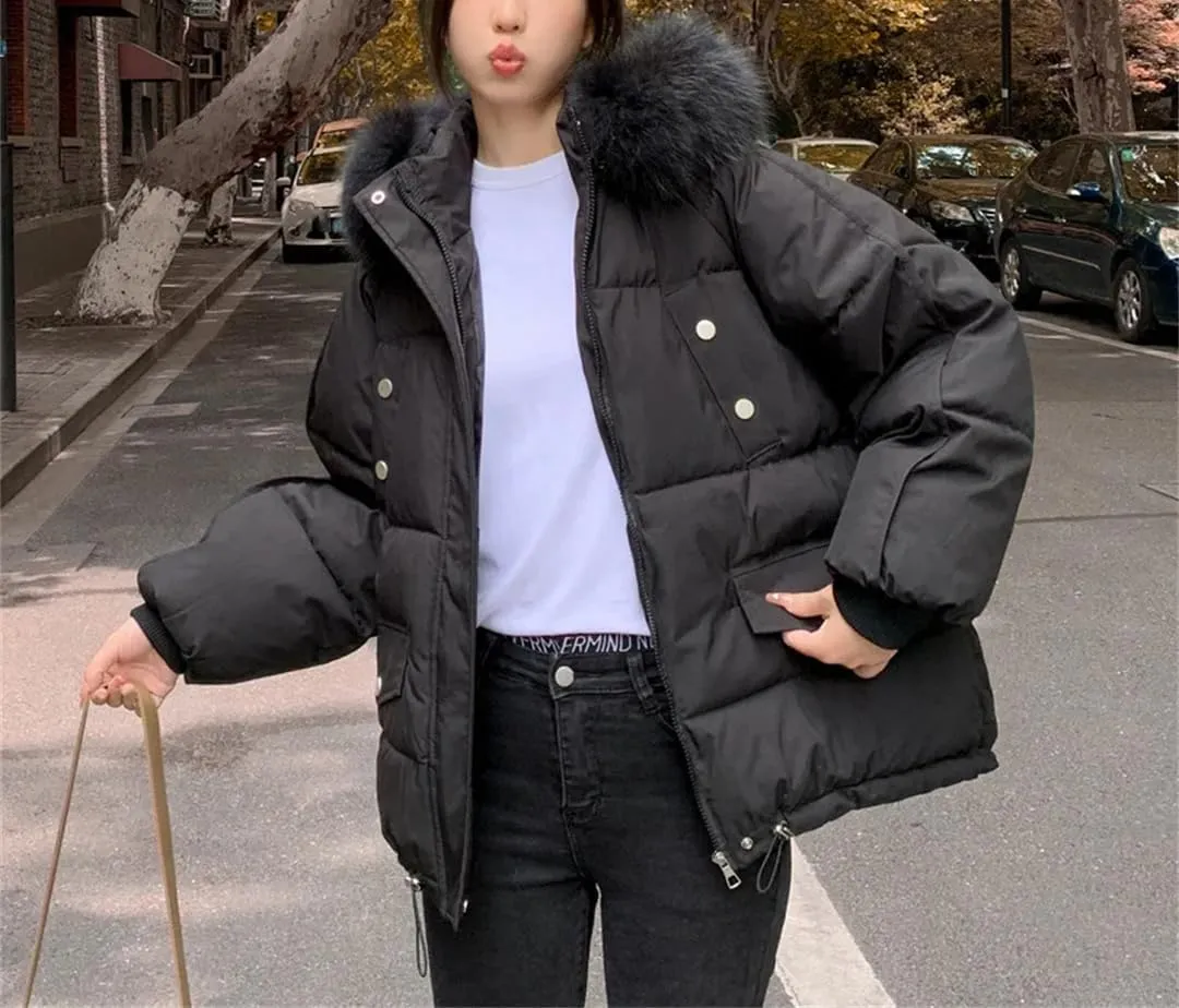 Winter Big Fur Collar Hooded Down Thick Warm Parkas Female Loose Outerwear Winter Women Cotton Padded Parka Coat