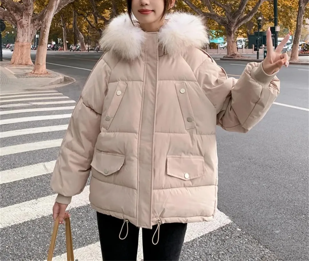 Winter Big Fur Collar Hooded Down Thick Warm Parkas Female Loose Outerwear Winter Women Cotton Padded Parka Coat