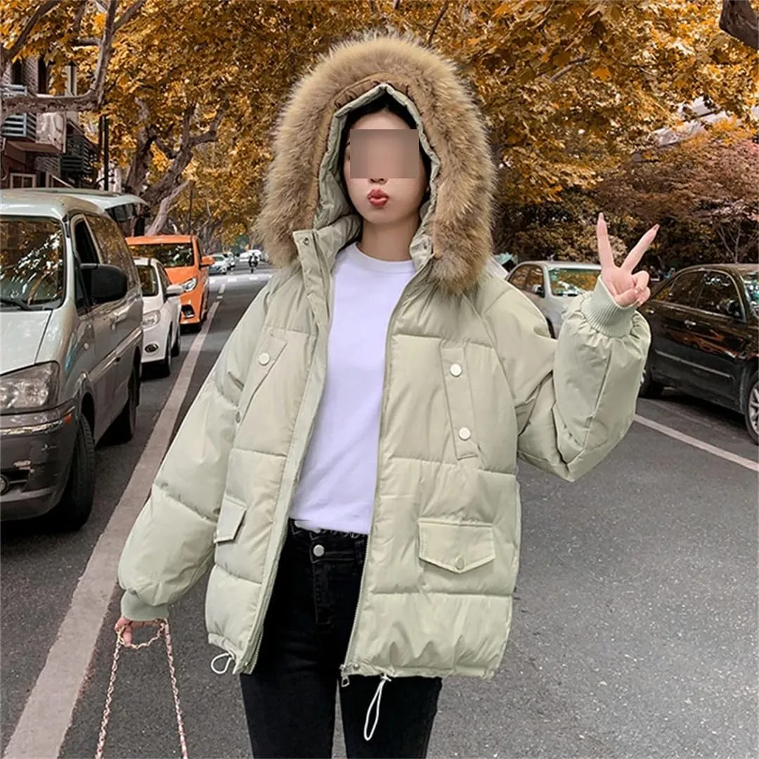 Winter Big Fur Collar Hooded Down Thick Warm Parkas Female Loose Outerwear Winter Women Cotton Padded Parka Coat