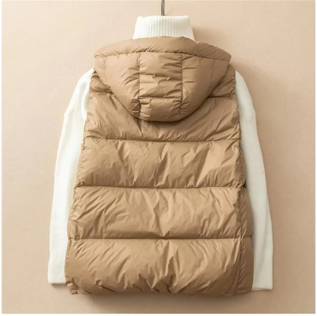 Winter Duck Down Jacket Women Short Warm Thick Hooded Vest Slim Quilted Sleeveless Waistcoat