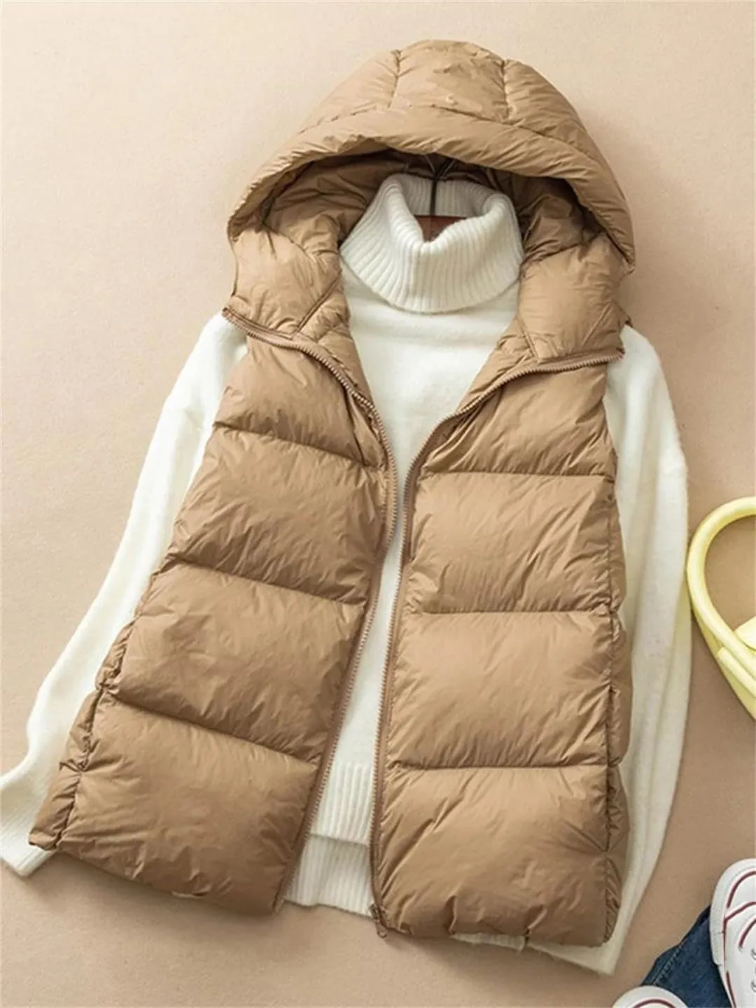 Winter Duck Down Jacket Women Short Warm Thick Hooded Vest Slim Quilted Sleeveless Waistcoat