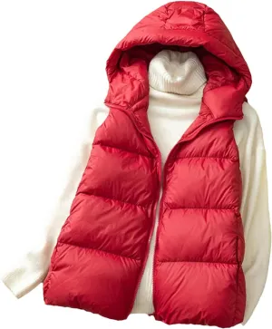 Winter Duck Down Jacket Women Short Warm Thick Hooded Vest Slim Quilted Sleeveless Waistcoat