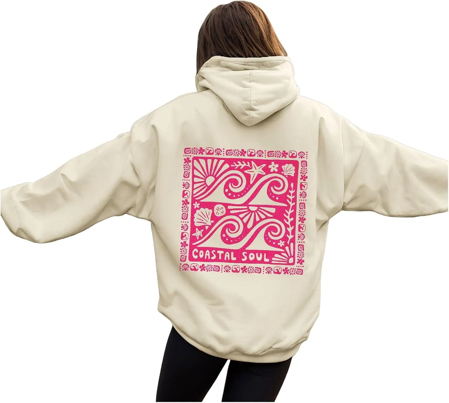 Women Cute Flower Print Hoodie Comfy Preppy Hooded Sweatshirt for Teen Girls Long Sleeve Drawstring Oversized Pullover Tops