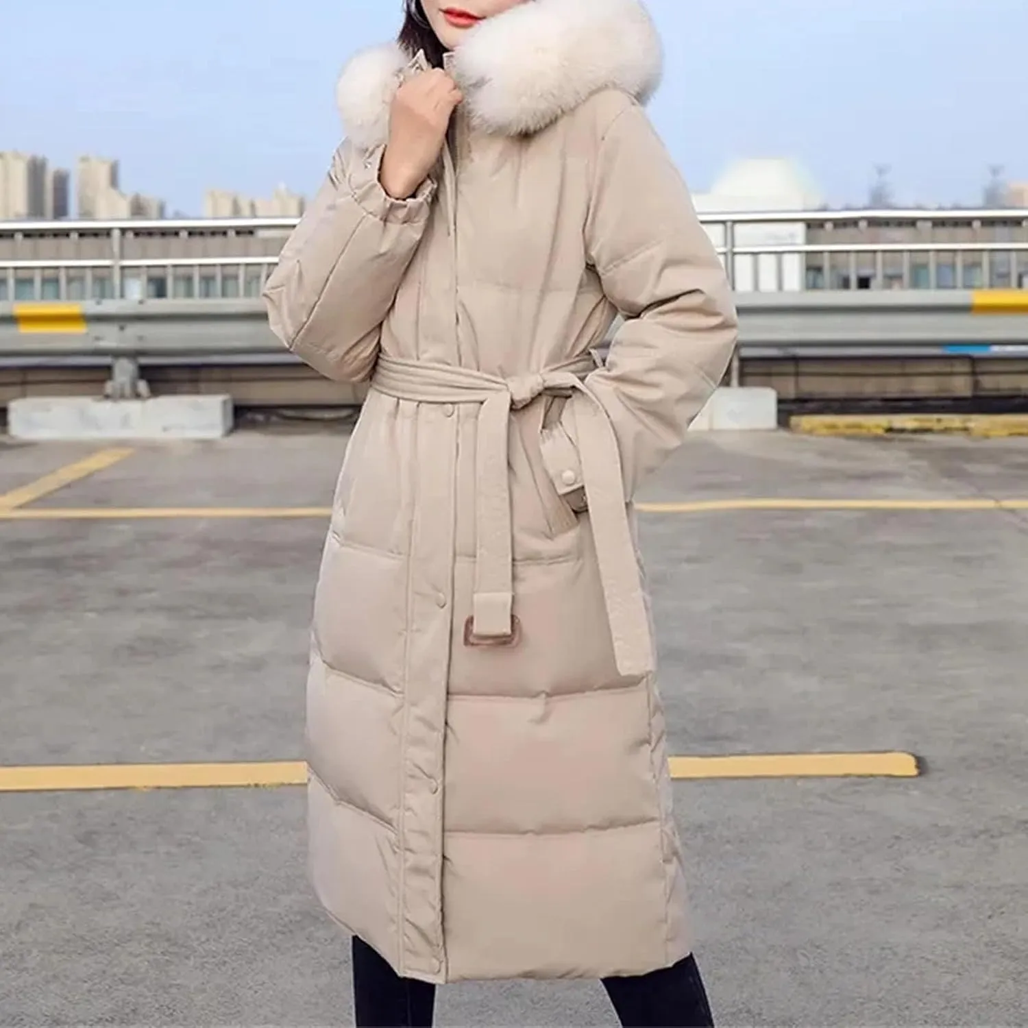 Women Long Down Cotton Parkas Coat Winter Loose Large Furs Collar Hooded Warm Thick Parkas Padded Overcoat