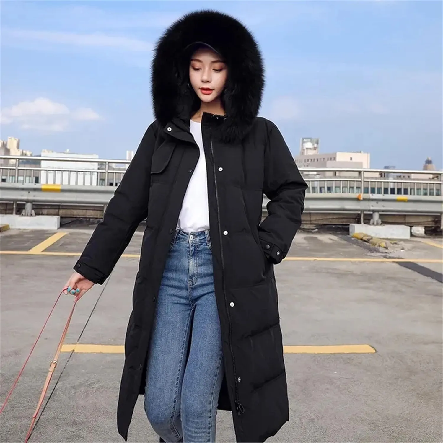 Women Long Down Cotton Parkas Coat Winter Loose Large Furs Collar Hooded Warm Thick Parkas Padded Overcoat