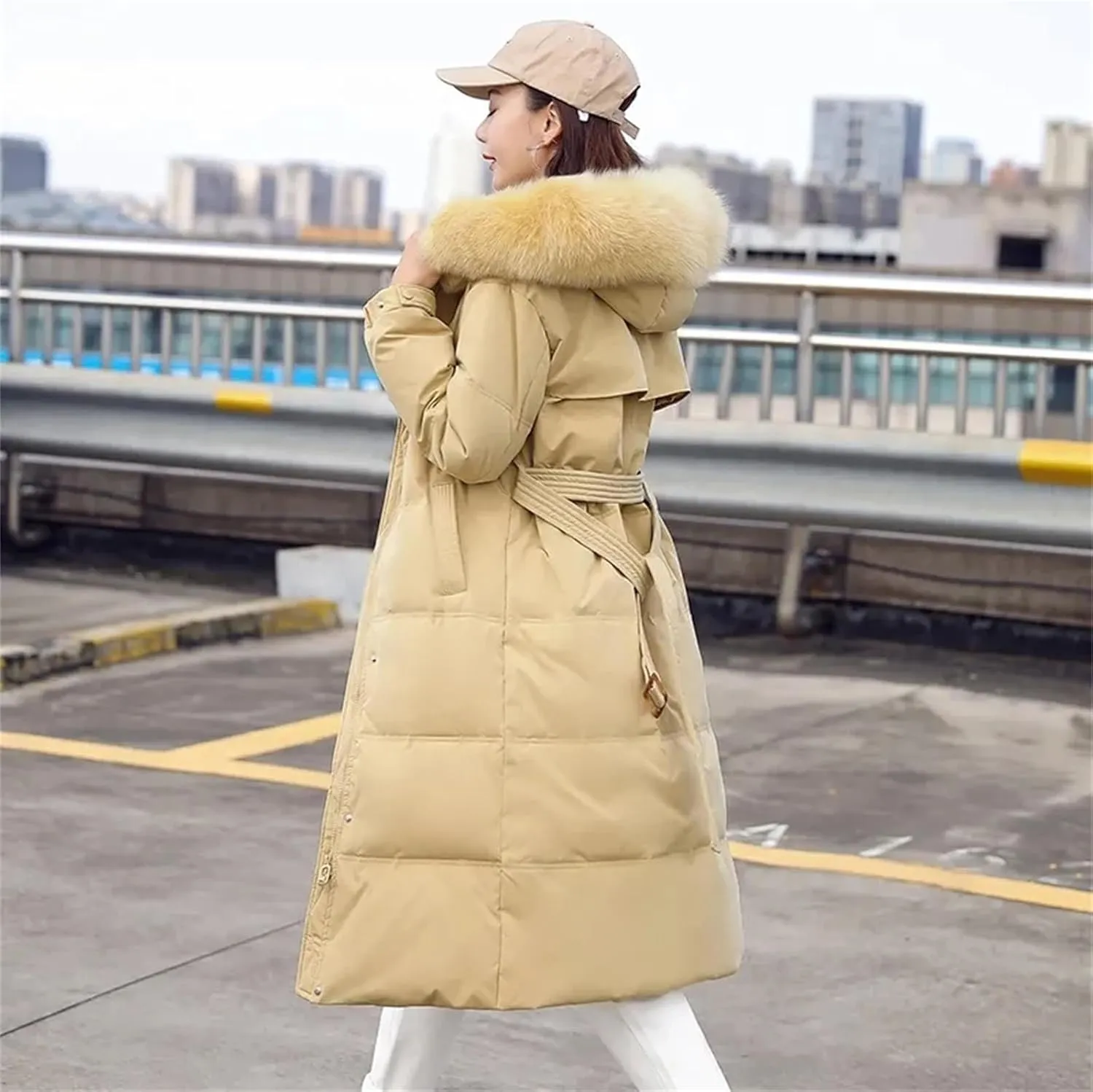 Women Long Down Cotton Parkas Coat Winter Loose Large Furs Collar Hooded Warm Thick Parkas Padded Overcoat