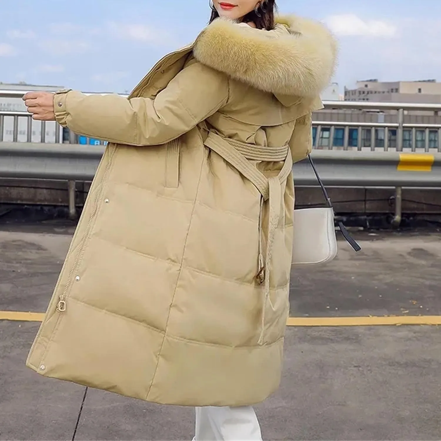 Women Long Down Cotton Parkas Coat Winter Loose Large Furs Collar Hooded Warm Thick Parkas Padded Overcoat