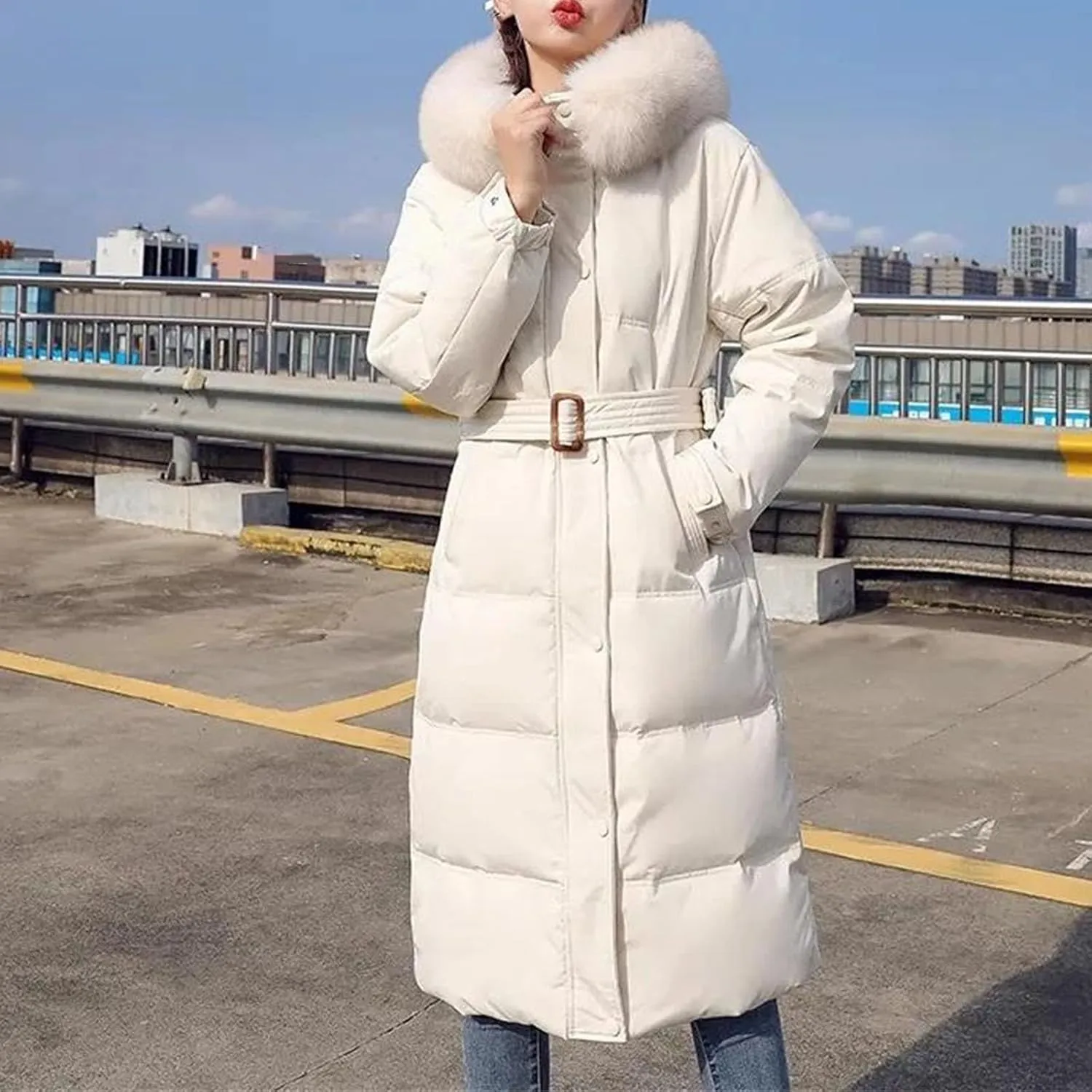 Women Long Down Cotton Parkas Coat Winter Loose Large Furs Collar Hooded Warm Thick Parkas Padded Overcoat