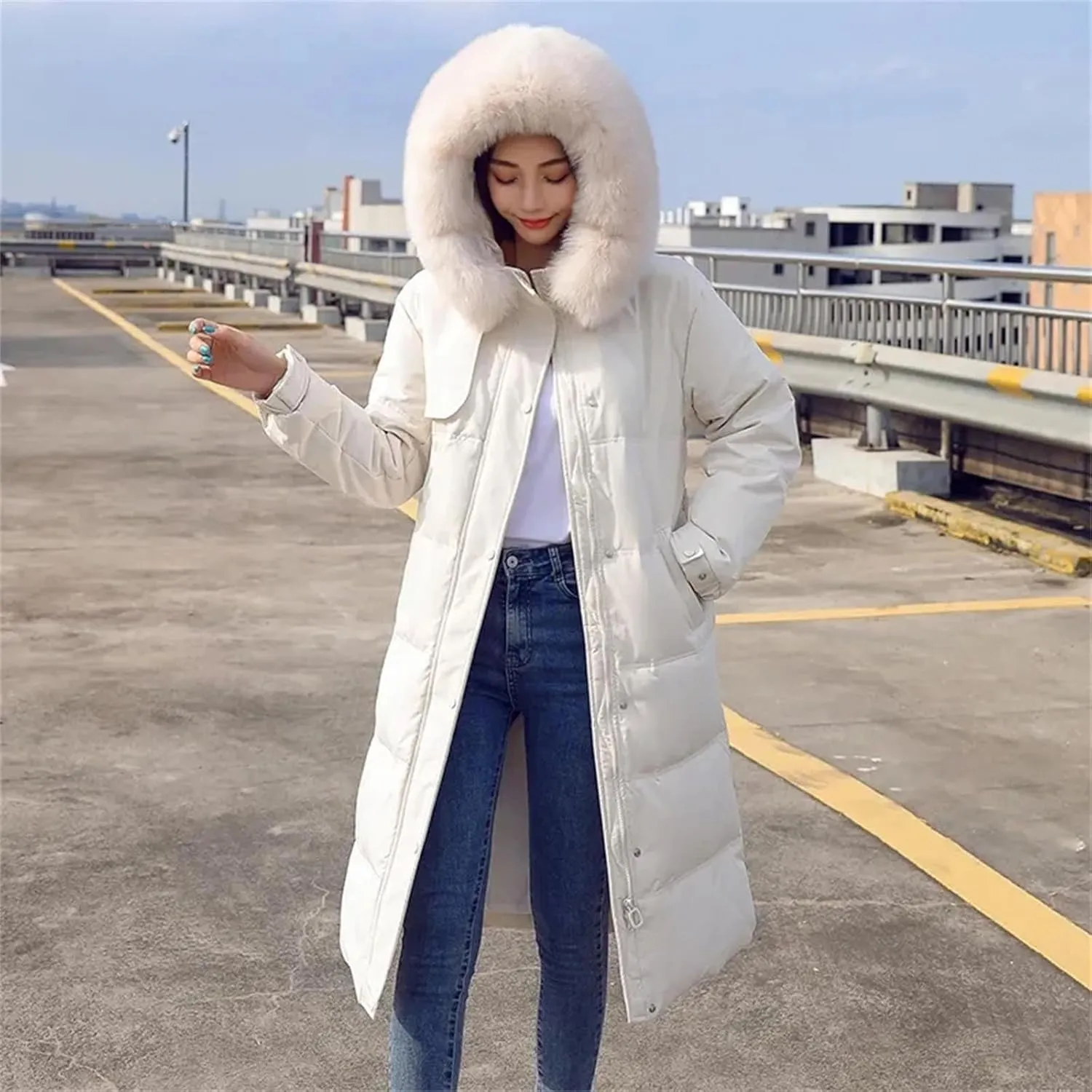 Women Long Down Cotton Parkas Coat Winter Loose Large Furs Collar Hooded Warm Thick Parkas Padded Overcoat